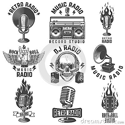 Radio labels. Retro radio, record studio, rock and roll radio emblems. Old style microphone, guitars. Design elements Vector Illustration