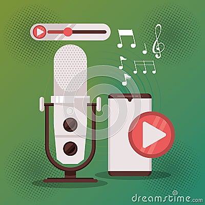 Radio microphone retro with smartphone and play button Vector Illustration