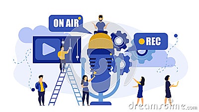 Radio music TV on air live rec interview people vector illustration. Hot news with mic broadcast sound communication studio. Male Vector Illustration