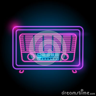 Radio neon logo. glow in the dark. electric theme season. party night club. Vector Illustration