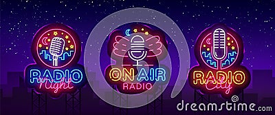 Radio Neon Sign collection Vector. Radio Night neon logos, design template, modern trend design, Radio neon signboard Vector Illustration