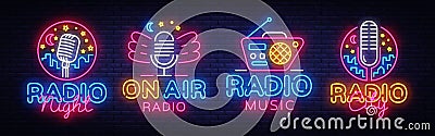 Radio Neon Sign collection Vector. Radio Night neon logos, design template, modern trend design, Radio neon signboard Vector Illustration