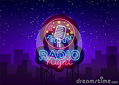 Radio Night Neon Logo Vector. Radio Night neon sign, design template, modern trend design, Radio neon signboard, night Vector Illustration