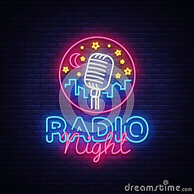 Radio Night Neon Logo Vector. Radio Night neon sign, design template, modern trend design, Radio neon signboard, night Vector Illustration