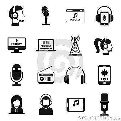 Radio podcast icons set, simple style Vector Illustration