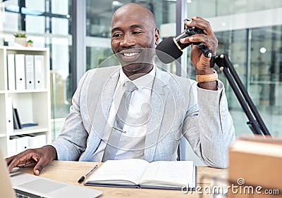 Radio podcast, laptop or black man with microphone interview, networking or communication in office studio. Speaker Stock Photo