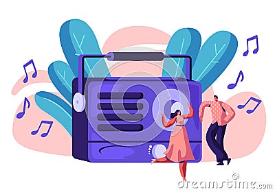 Radio Recorder Playing Music for Happy Person. Woman in Dress and Man Dancing to Loud Music. People Listen to Song and Smiling Vector Illustration