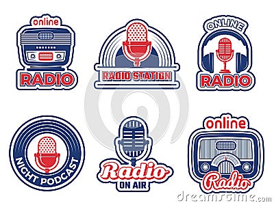 Radio show badges. Air podcast audio studio logo music radio station vector labels set collection isolated Vector Illustration