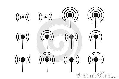 Radio signal wave collection. Wireless connection set of broadcasting network. Cellular antenna icons in black. Wifi communication Vector Illustration
