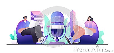 Radio station concept for web banner. Hosts radio programs Vector Illustration