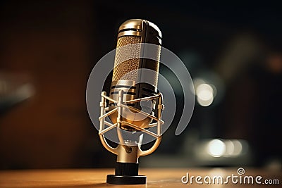 Radio station retro metallic microphone for live podcast or show broadcast live events and recording studio concepts AI generated Stock Photo