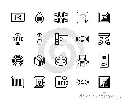 Radio tag line icons. Wireless RFID chip and radio-frequency identification, wireless antenna and electric circuit Vector Illustration