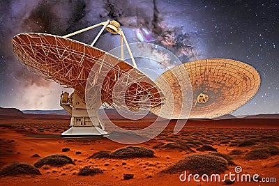Radio telescope at unknown planet landscape. Antenna for of space signals research. Space observatory. Created with Stock Photo