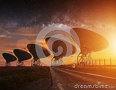 Radio Telescope view at night Stock Photo