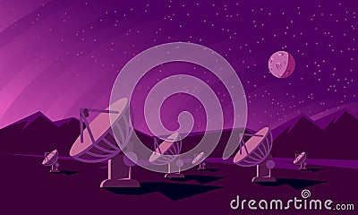 Radio telescopes track the stars at night. Flat style illustration with satellite dishes Vector Illustration