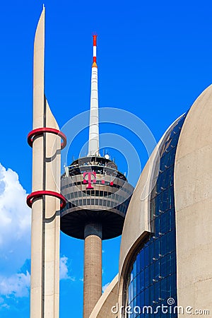 Radio tower called Colonius and modern Islamic mosque in Cologne, Germany Editorial Stock Photo