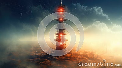 A radio tower emitting signals across the airwaves, symbolizing the transmission of information over long distances Stock Photo