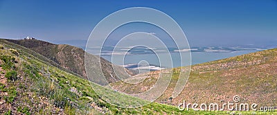 Radio Tower Observatory on West Lake Mountain Peak mountain hiking, Utah Lake, Wasatch Front Rocky Mountains, Provo, Utah. Stock Photo