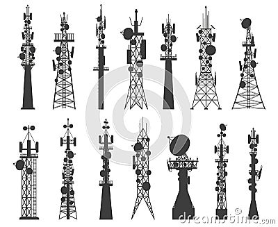 Radio tower silhouette. Satellite communication antenna. Telecom network cellular broadcast equipment. Wireless Vector Illustration