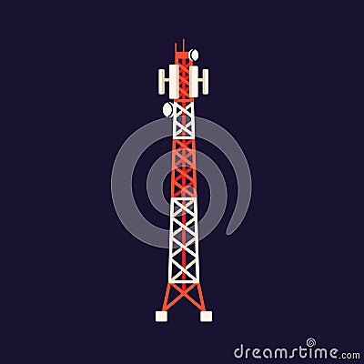 Radio tower, telecommunication mast. Broadcasting, cellular signal transmission base. Transmitting equipment with Vector Illustration