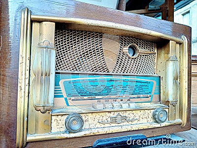 Radio vintage european 1950 blue gold wood retro Editorial Stock Photo