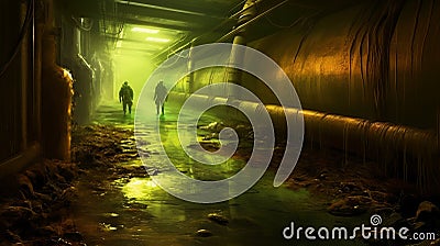 Radioactive Sewer Hell, Cinematic Scene, Some People Silhouettes, Generative AI Cartoon Illustration