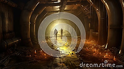 Radioactive Sewer Hell, Cinematic Scene, Some People Silhouettes, Generative AI Cartoon Illustration
