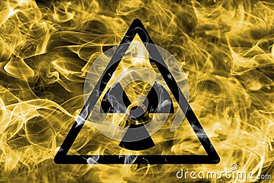 Radioactive substances or ionising radiation hazard warning smoke sign. Triangular warning hazard sign, smoke background. Stock Photo