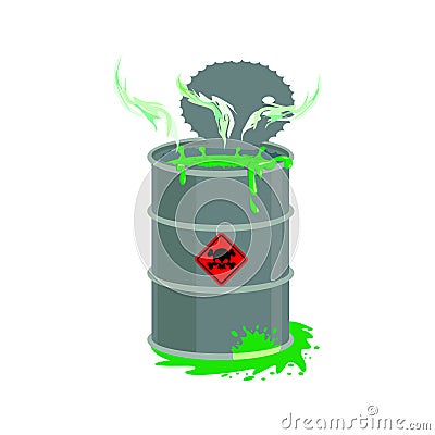Radioactive waste barrel. Toxic refuse keg. Poisonous liquid cask. Chemical garbage emissions. environmental pollution. danger Vector Illustration