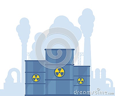 Radioactive waste in barrels and highly polluting factory plant with smoking towers and pipes on background. Barrel with Vector Illustration