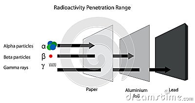 Radioactivity penetration range of alpha, beta and gamma radiation. Vector Illustration