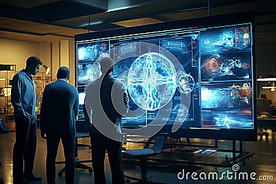 Radiologist examining a CT scan on a lightbox, with detailed annotations and notes, computer screens Stock Photo