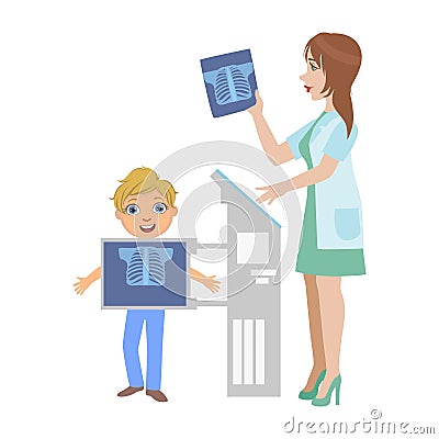 Radiologist Making X-Ray Of The Chest To Little Boy, Part Of Kids Taking Health Exam Series Of Illustrations Vector Illustration