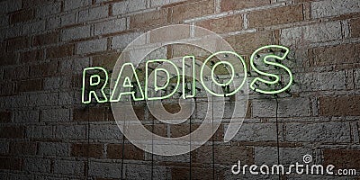 RADIOS - Glowing Neon Sign on stonework wall - 3D rendered royalty free stock illustration Cartoon Illustration