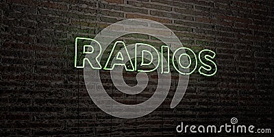 RADIOS -Realistic Neon Sign on Brick Wall background - 3D rendered royalty free stock image Stock Photo