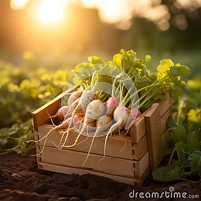 Radish Daikon harvested in a wooden box with field and sunset in the background. Stock Photo
