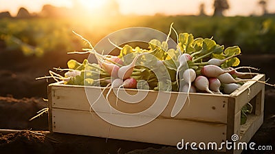 Radish Daikon harvested in a wooden box with field and sunset in the background. Stock Photo