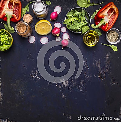 Radish lemon arugula lettuce pepper salt seasoning various stacked horizontally border banner fruits vegetables space text Stock Photo