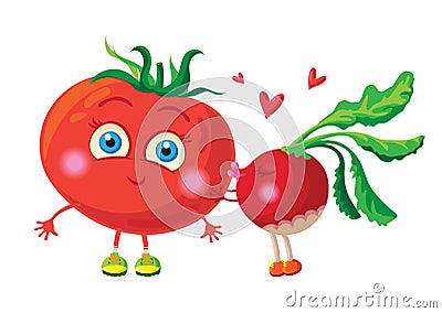 Radish in love with tomato. Vector characters. Vector Illustration