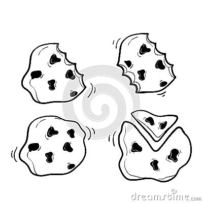 Raditional chocolate chip cookies. Bitten, broken, cookie crumbs with handdrawn doodle style vector Vector Illustration
