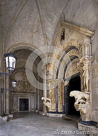 Portal of Cathedral of St. Lawrence done by Radovan in 1240, Trogir, Croatia Stock Photo