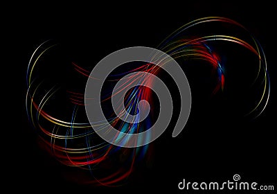 Bright iridescent twisted wavy lines intersect in the shape of a fan on a black background Stock Photo