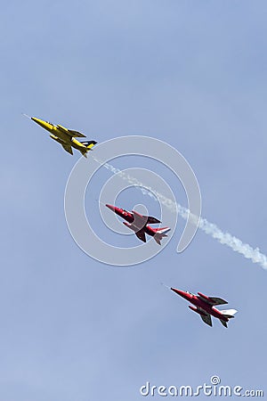 Former Royal Air Force RAF 1950`s era Folland Gnat T Mk.1 jet trainer aircraft G-MOUR Editorial Stock Photo