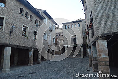 Rafael Ayerbe Square With Its Pretty Arched Soportals And Quables In Alquezar. Landscapes, Nature, History, Architecture. December Editorial Stock Photo