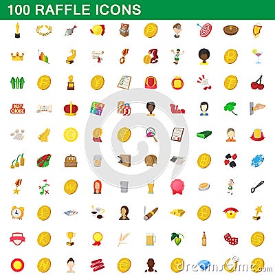 100 raffle icons set, cartoon style Vector Illustration