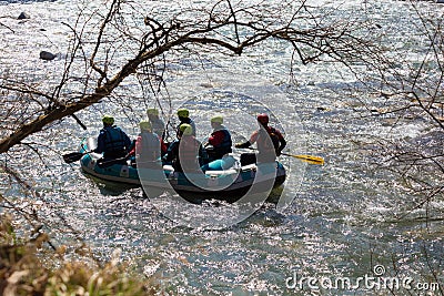 Rafting boat colors people rowing in Arahthos river Arta Greece Editorial Stock Photo