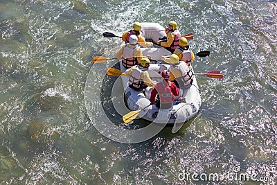 Rafting boat colors people rowing in Arahthos river Arta Greece Editorial Stock Photo