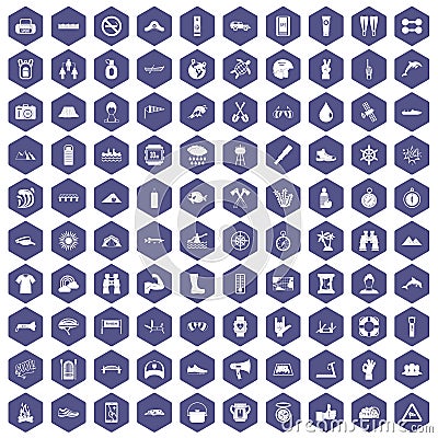 100 rafting icons hexagon purple Vector Illustration