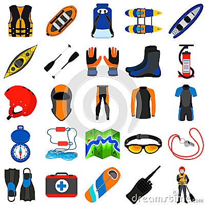 Rafting icons set, flat style Vector Illustration