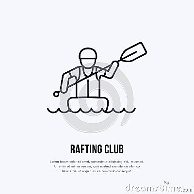 Rafting, kayaking flat line icon. Vector illustration of water sport - rafter with paddle in river raft. Linear sign Vector Illustration